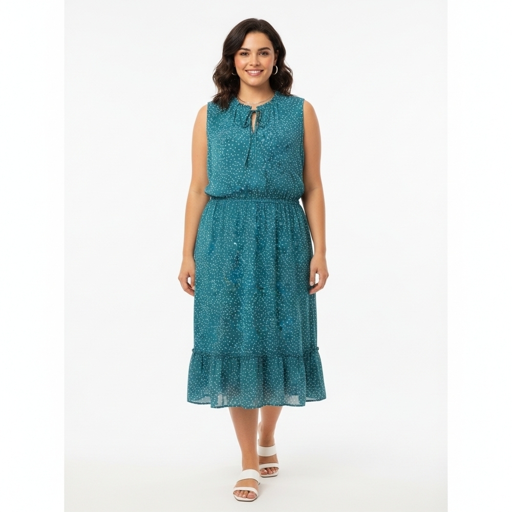 Pinup Fashion Teal Polka Dot Sleeveless Midi Dress Size 22 Ruffle